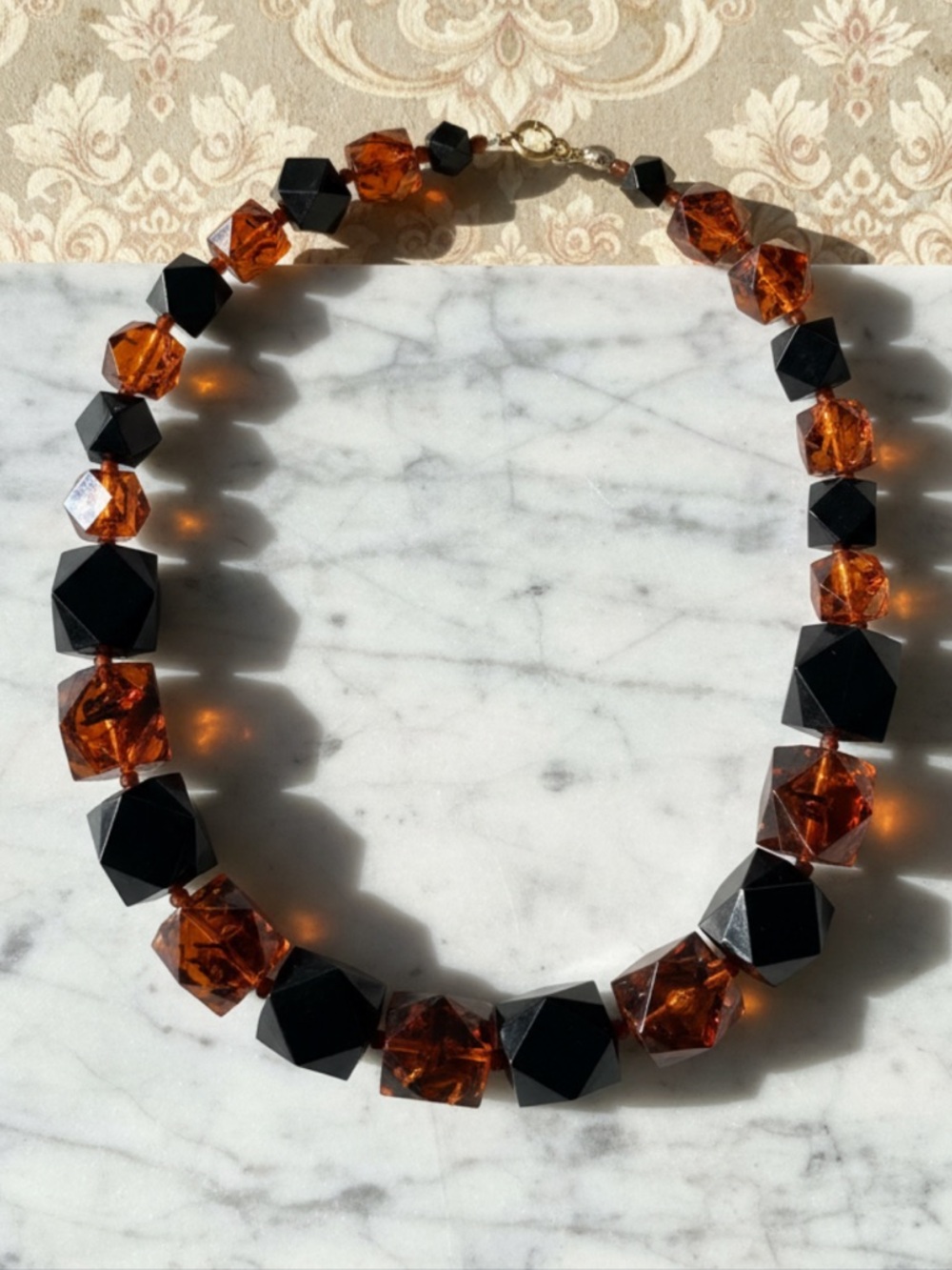 Rare Vintage/Antique Lucite Amber and Black Faceted Bead Necklace